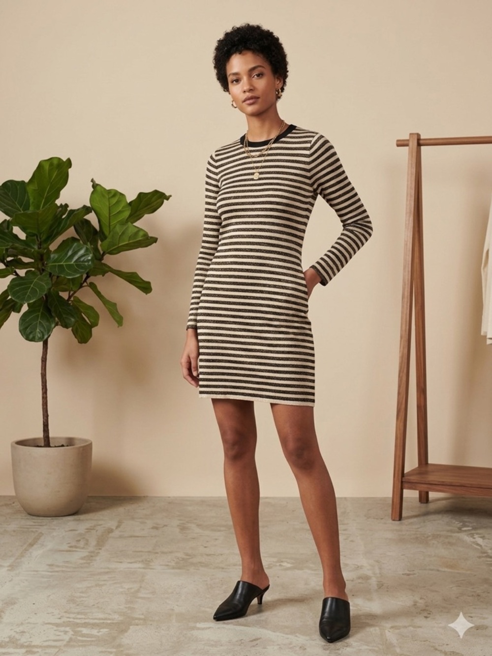Sandro Paris Metallic Striped Knit Mini Dress Gold Black Lurex Size 36 US Small
